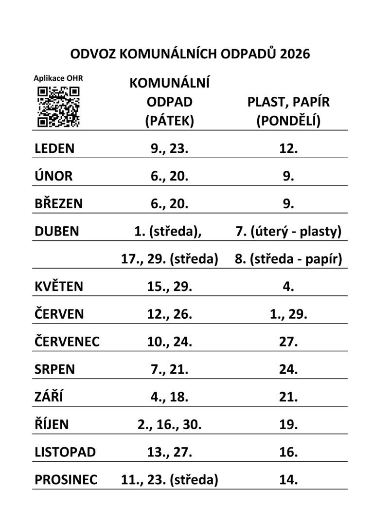 Odvoz popelnich 2026
